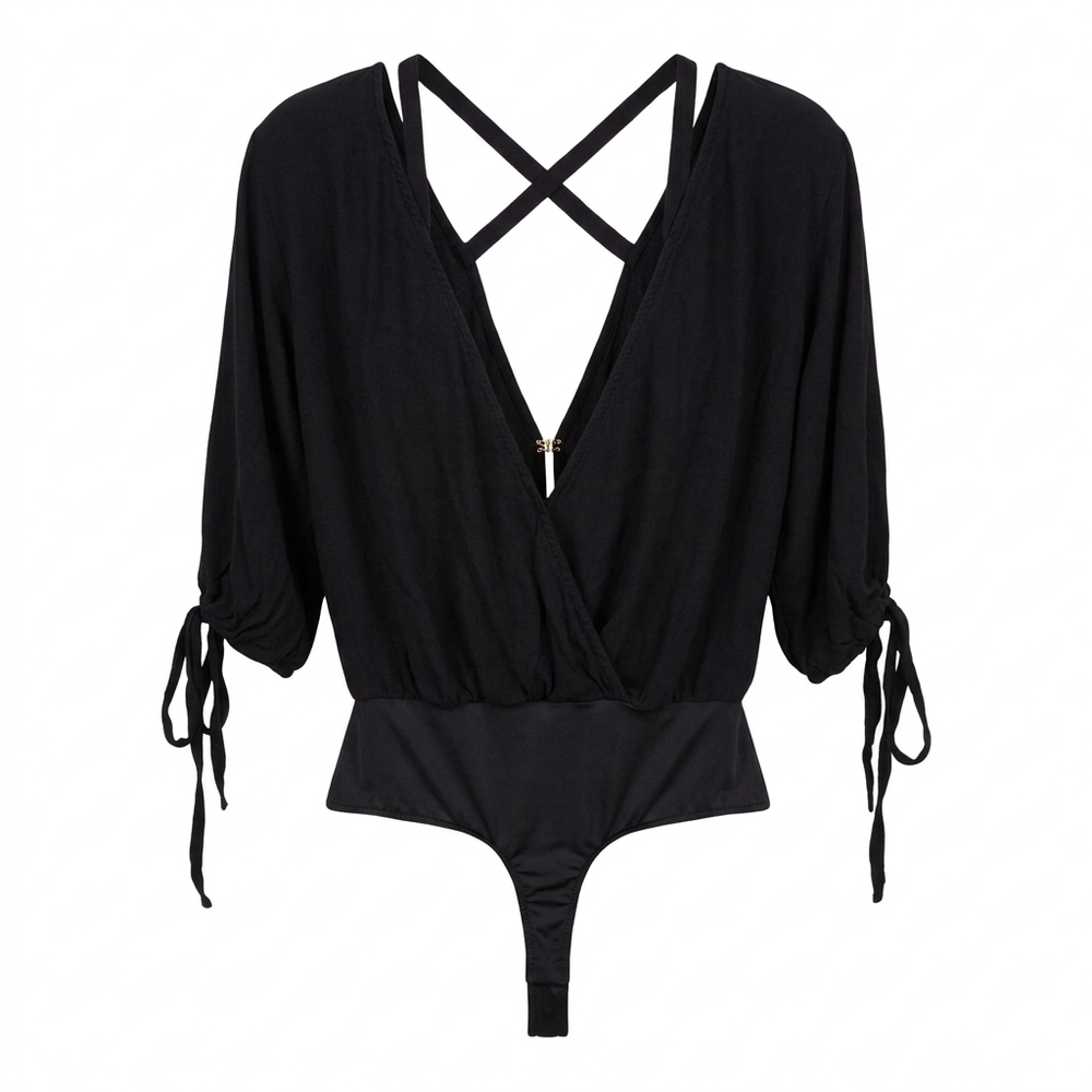 For Love & Lemons Black Back to Basics Bodysuit XS Strappy Criss Cross Open Back